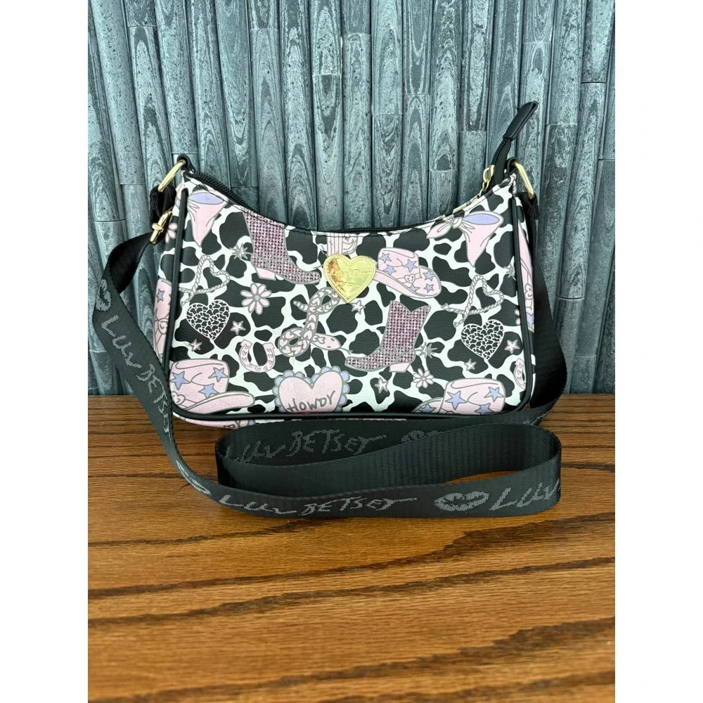 Luv Betsey Johnson Cowgirl Western Cow Print Crossbody Bag and Pouch Set Pink